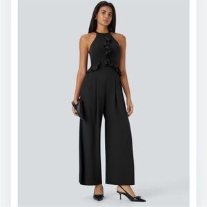 Halara NWT Halter Ruffle Buckle Wide Leg Black Breezeful Fabric Small